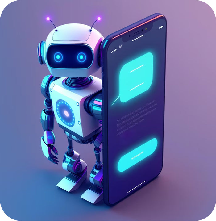 3D robot next to a phone displaying a chatbot