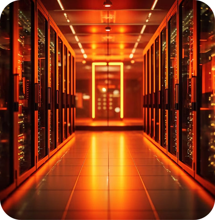 Data center hallway with illuminated servers