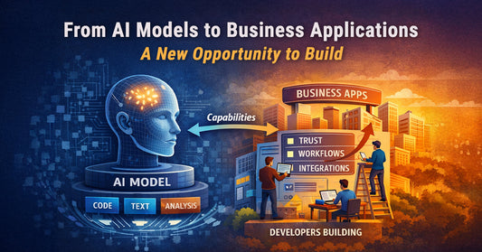 Illustration showing the transition from AI models to business applications, with an AI head labeled AI Model connected to developers building business apps featuring trust, workflows, and integrations in a modern city setting.