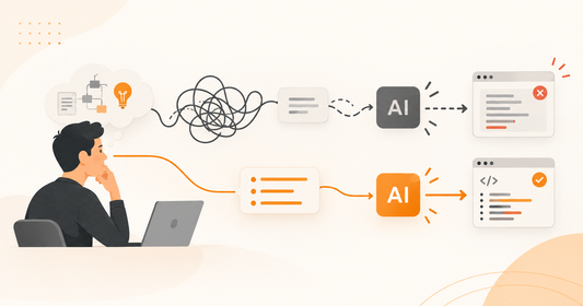 Abstract illustration showing a developer transferring unclear versus structured context to AI, resulting in mismatched versus usable software outcomes.