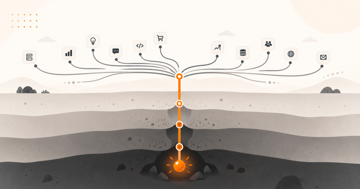 Abstract illustration contrasting many shallow branching paths with one focused path developing through deeper layers, representing AI-enabled breadth versus depth built through sustained attention.