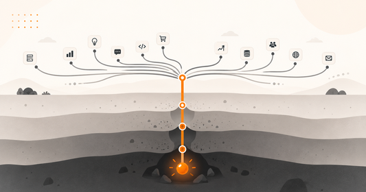 Abstract illustration contrasting many shallow branching paths with one focused path developing through deeper layers, representing AI-enabled breadth versus depth built through sustained attention.